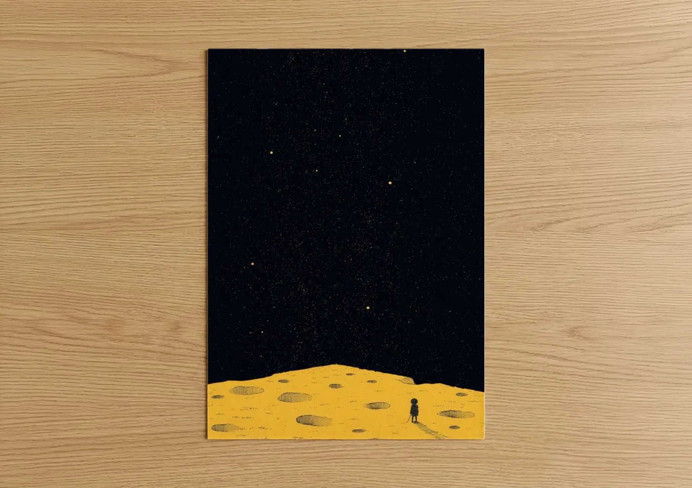 Astroids and comets art print on warm oak wood — black and yellow gold palette — Lunar Explorer poster