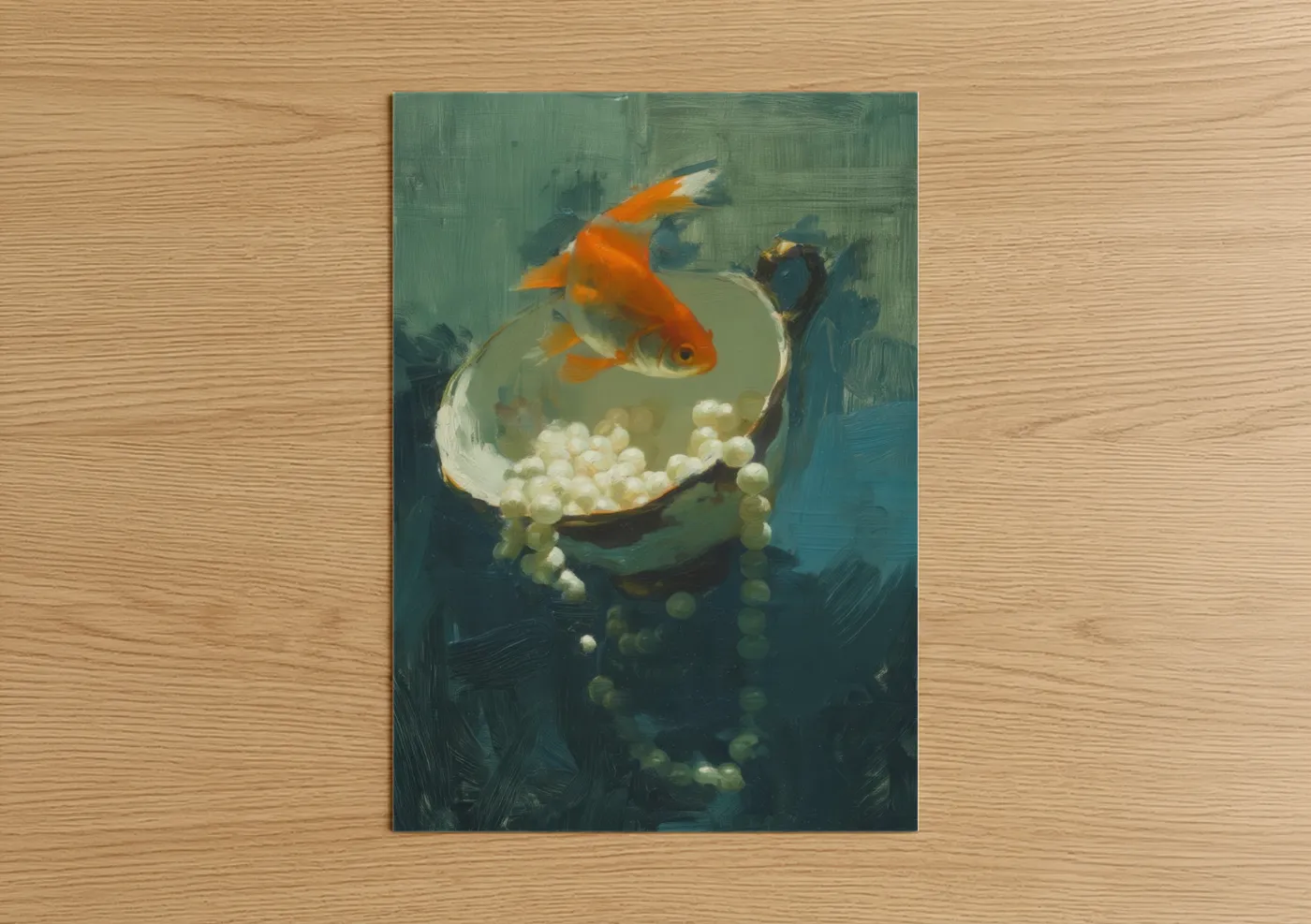 Golden Koi Fish Pearl Bowl Illustration Wall Art