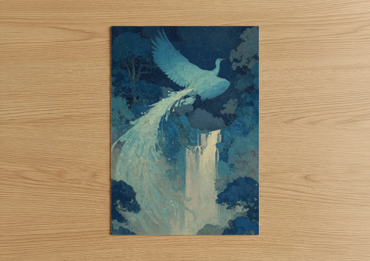 Art print on warm oak wood — blue and white palette — Celestial Phoenix poster