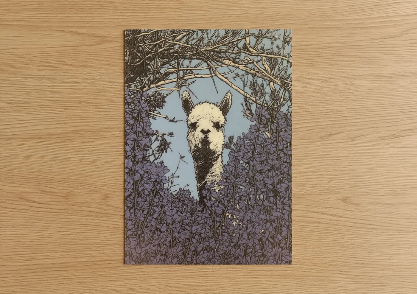Art print on warm oak wood — lavender and cream palette — Lavender Alpaca poster