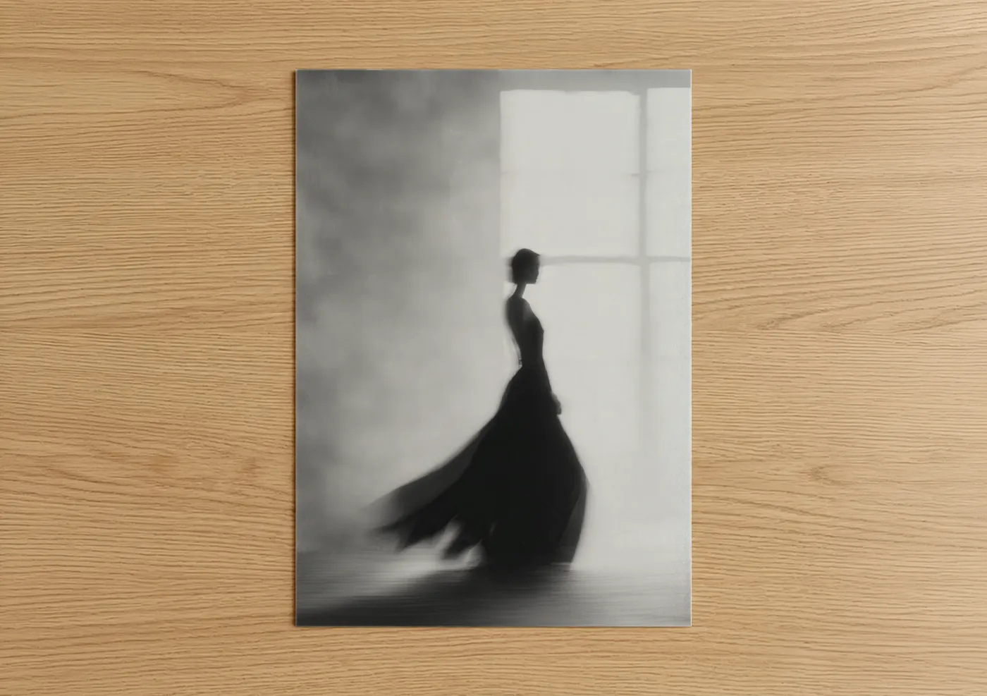 Women's fashion art print on warm oak wood — black and white palette — Elegant Evening Silhouette poster