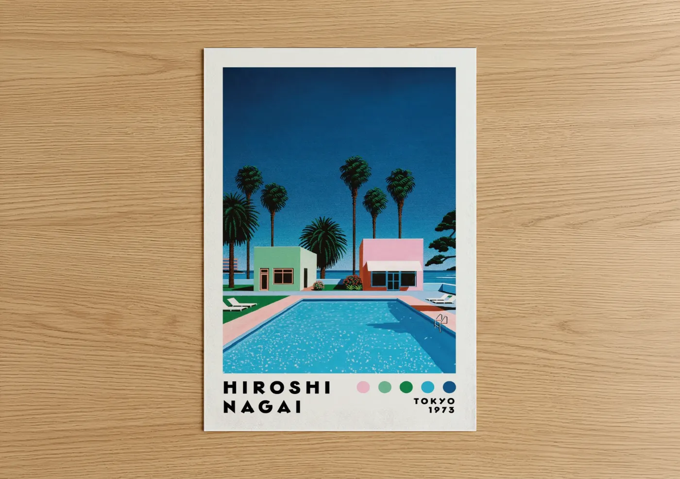 Art print on warm oak wood — blue and turquoise palette — Palm Tree Pool House Wall Art poster