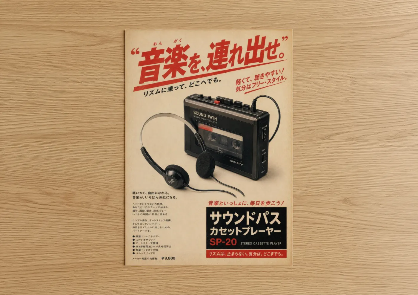 Vintage japanese ads art print on warm oak wood — red and beige palette — Vintage Japanese Cassette Player Ad Wall Art poster