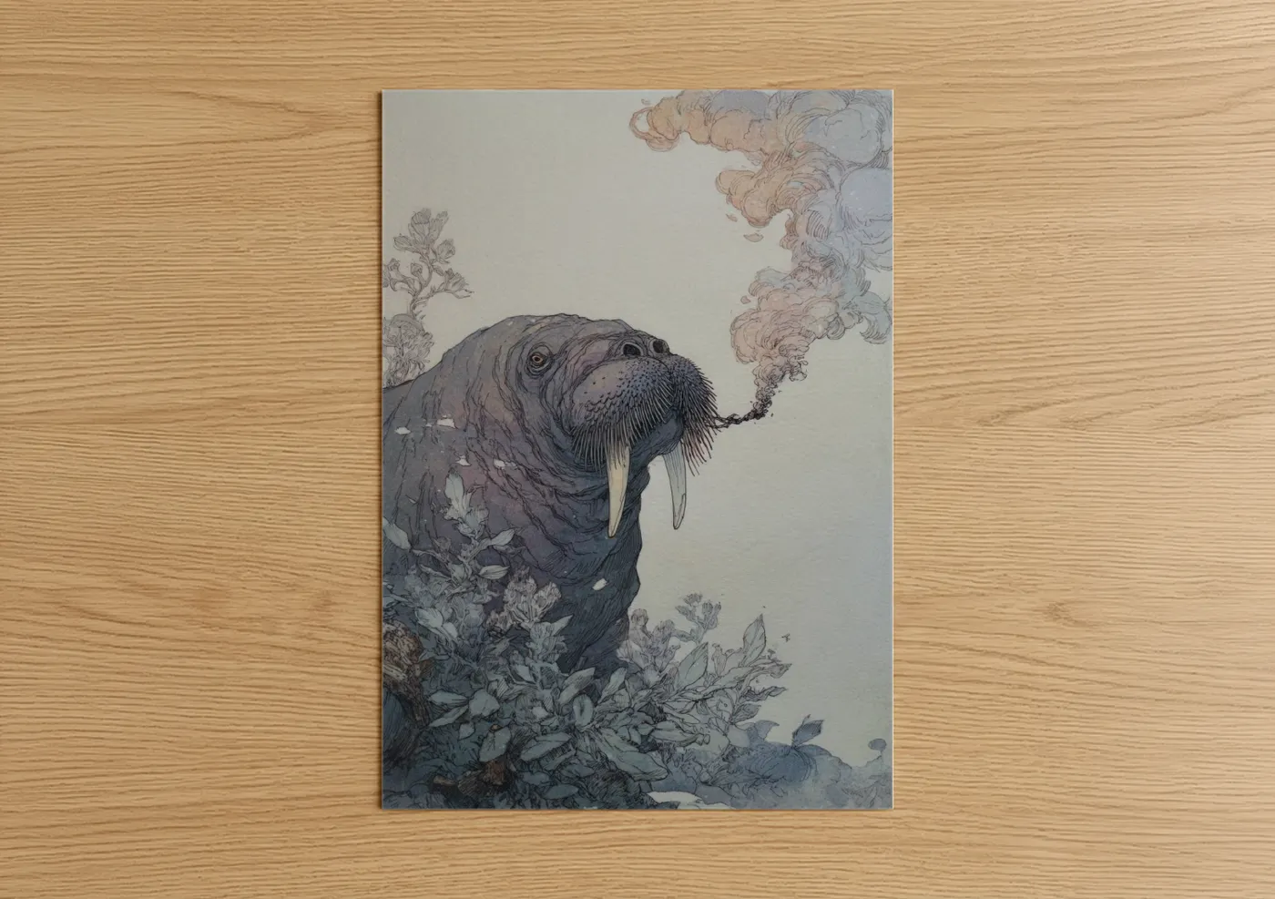 Smoking Walrus Botanical Illustration Wall Art