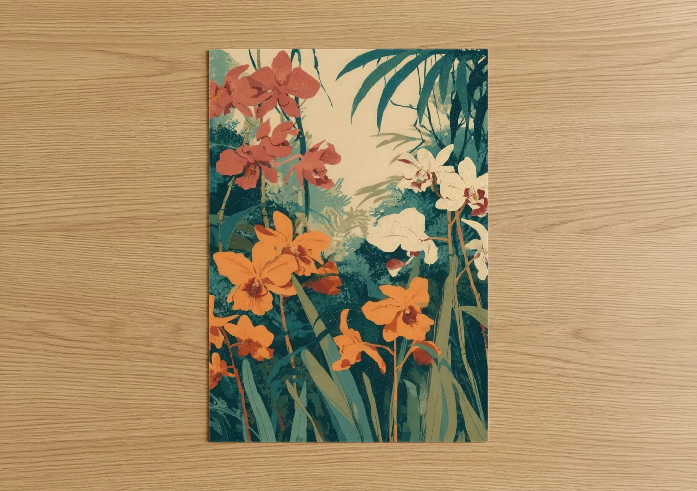 Art print on warm oak wood — teal and orange palette — Tropical Orchid Garden poster