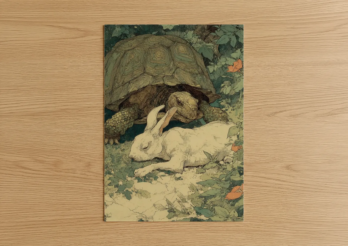 Art print on warm oak wood — sage green and cream palette — Gentle Turtle Encounter poster