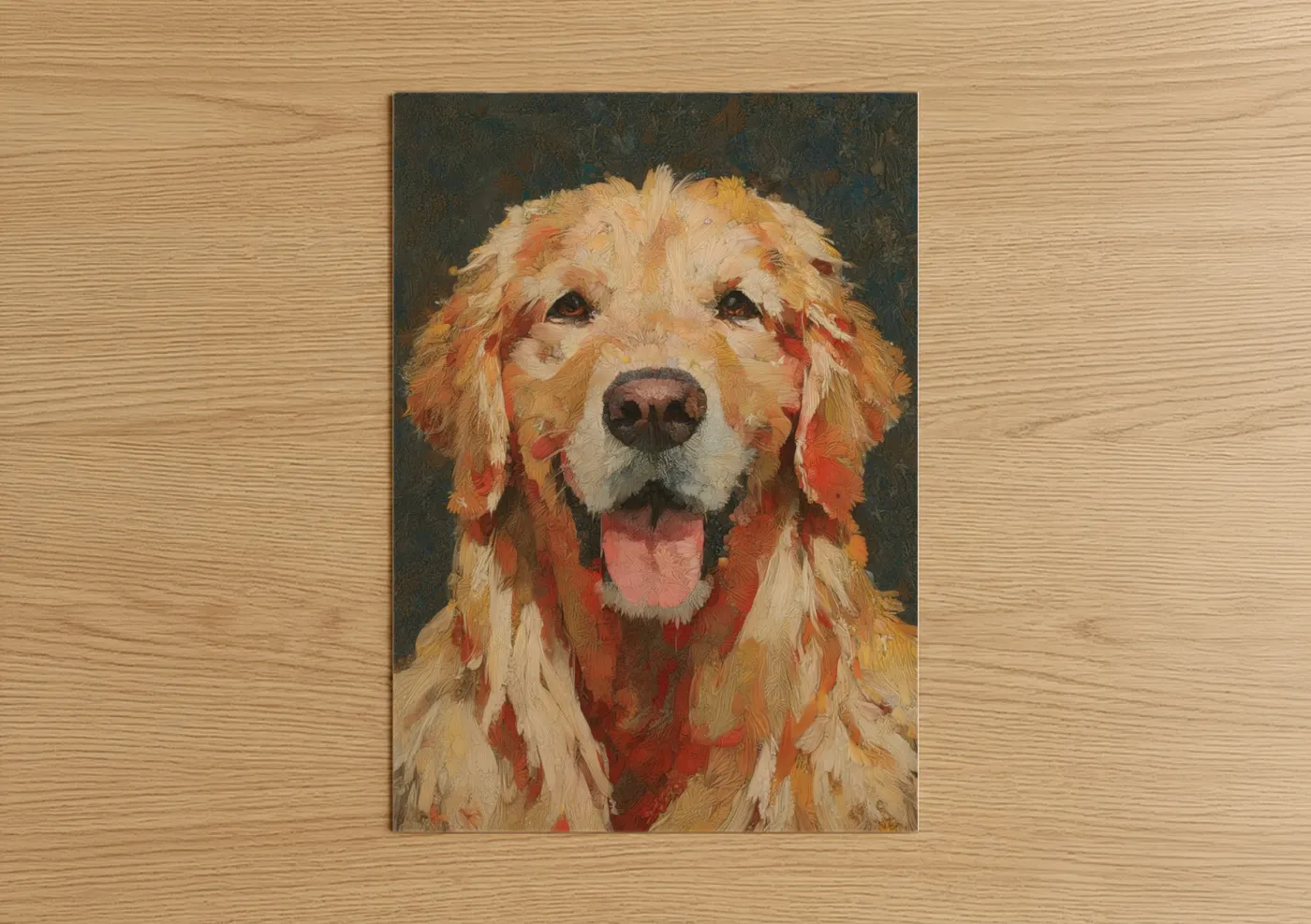 Art print on warm oak wood — gold and olive palette — Golden Retriever Portrait poster
