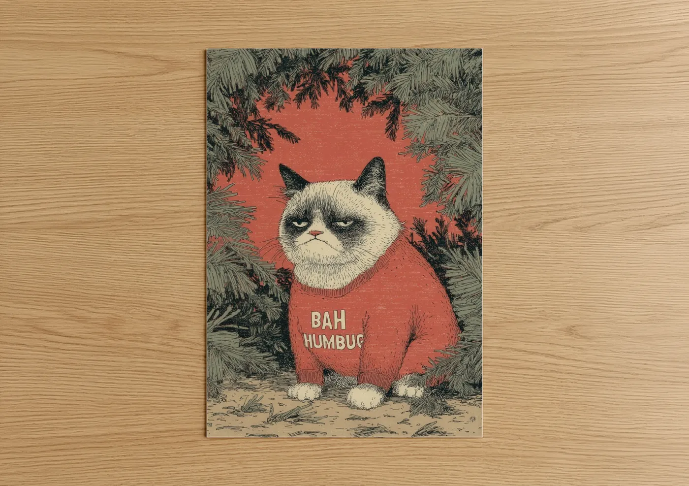 Art print on warm oak wood — red and white palette — Grumpy Christmas Cat poster