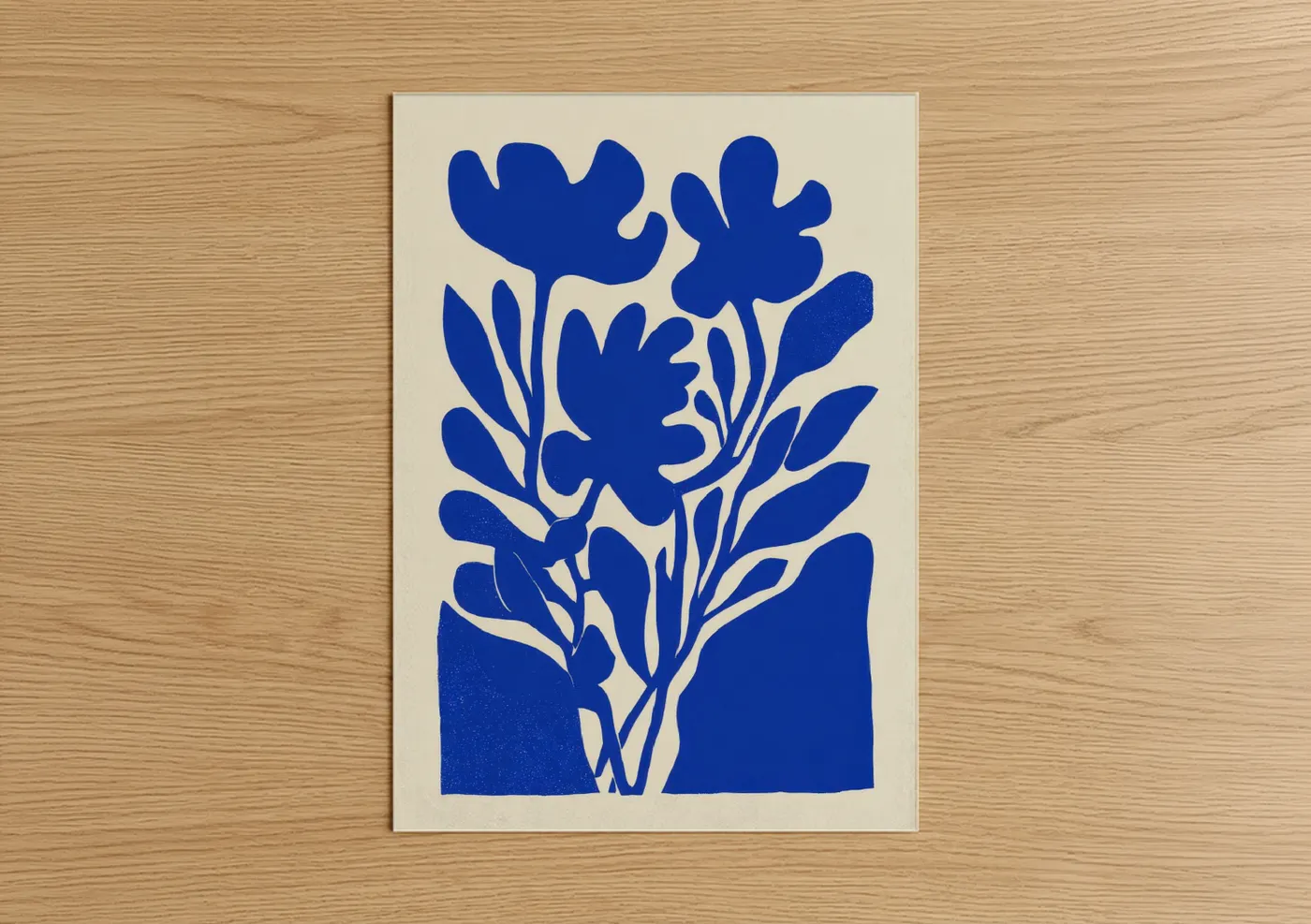 Abstract flower art print on warm oak wood — blue and cream palette — Bold Botanical Silhouette poster