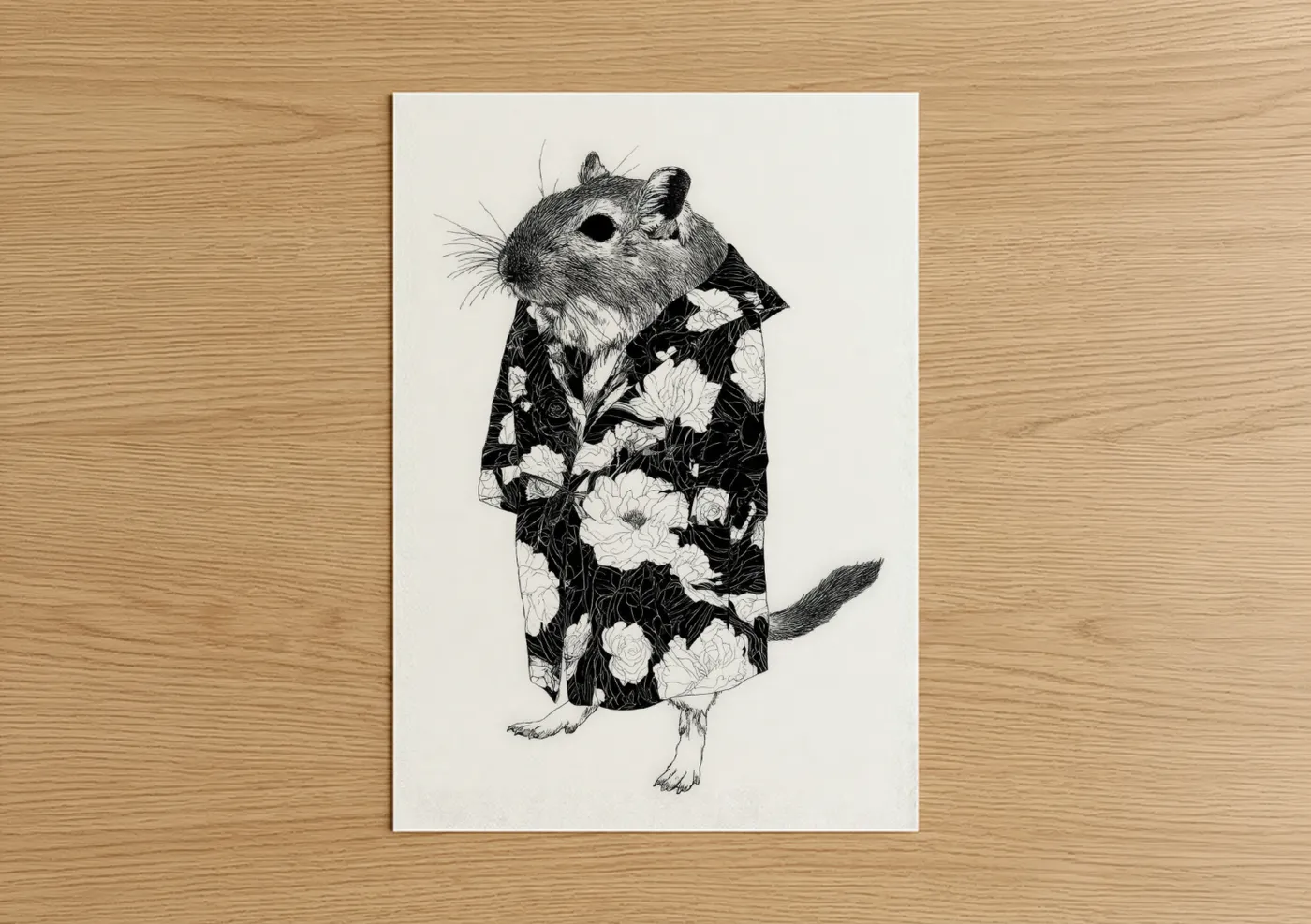 Art print on warm oak wood — black and white palette — Floral Gerbil poster