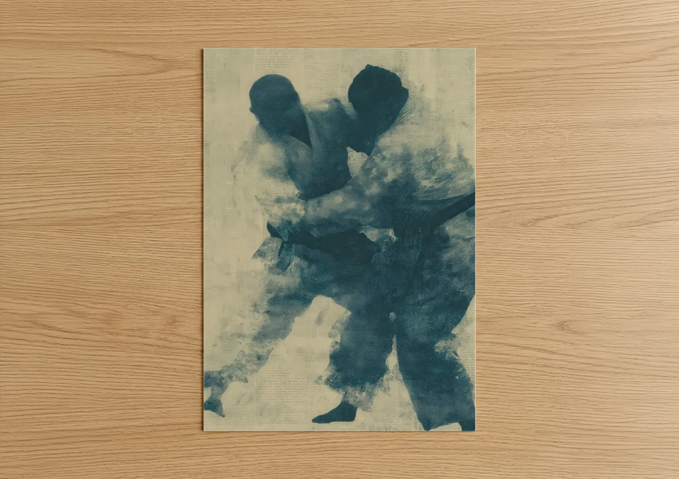 Judo art print on warm oak wood — dark blue and cream palette — Grappling Momentum poster