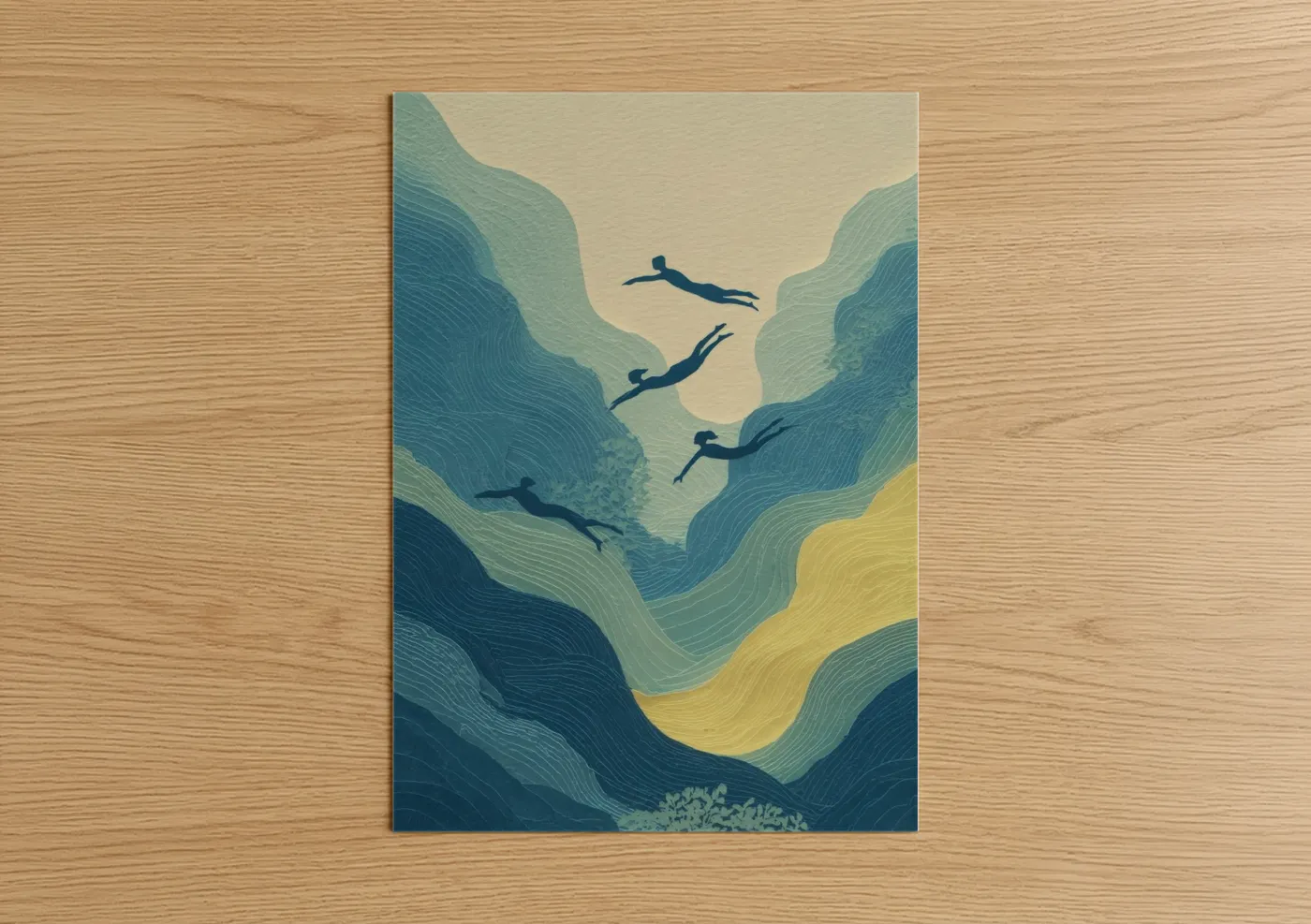Synchronized swimming art print on warm oak wood — blue and cream palette — Synchronized Swimmers poster