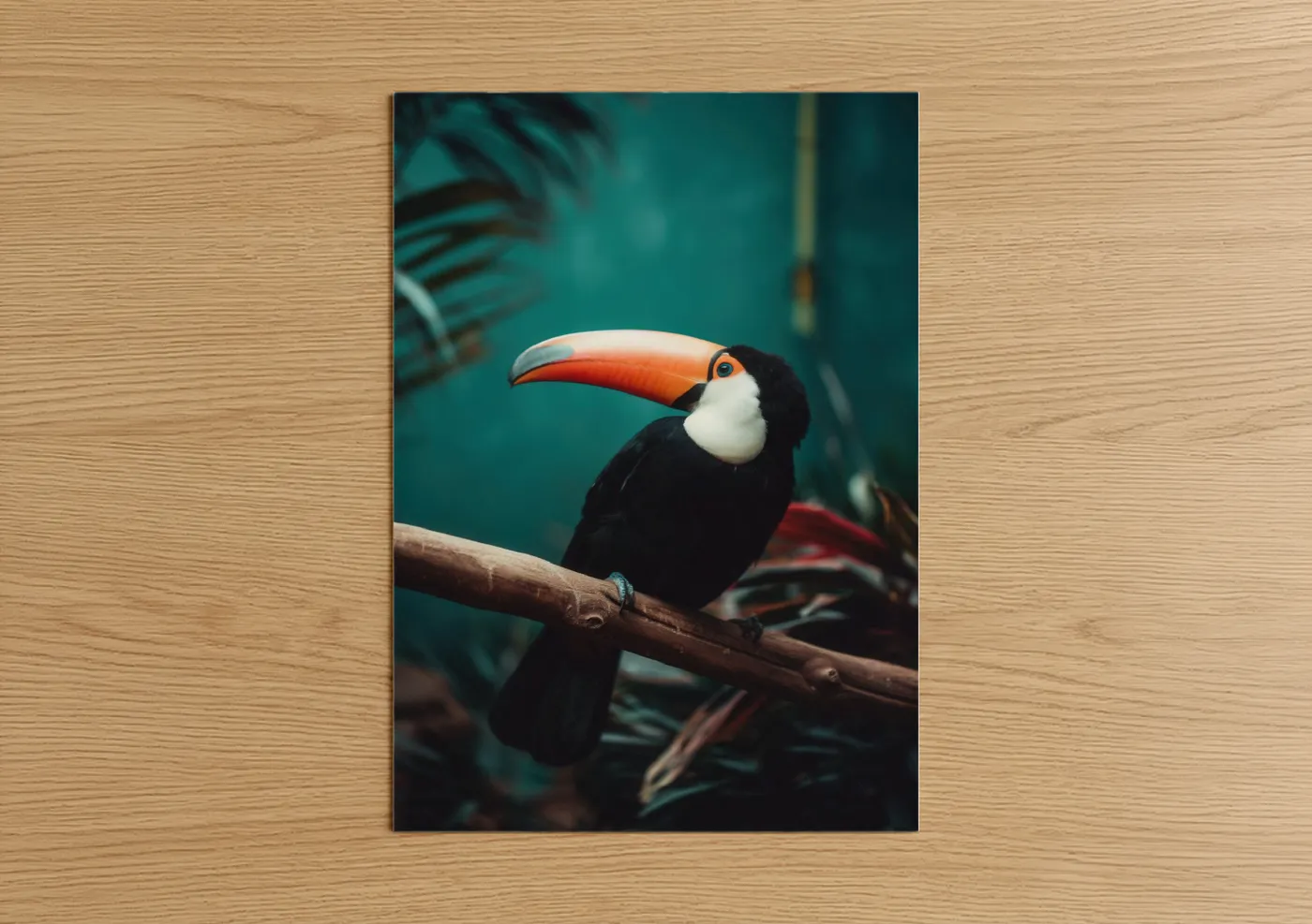 Art print on warm oak wood — teal and gold palette — Tropical Toucan poster
