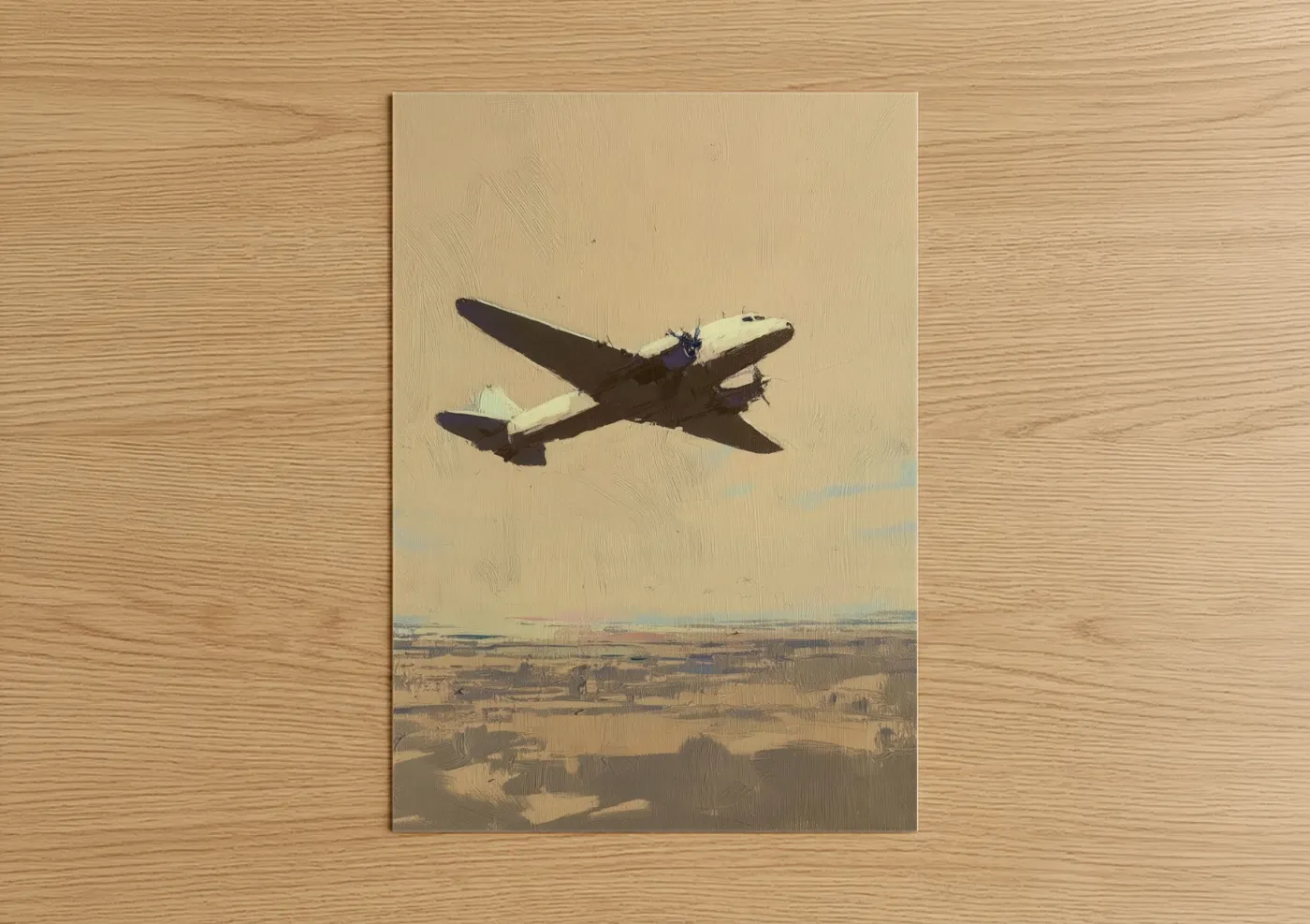 Vintage airplane art print on warm oak wood — cream and indian khaki palette — Vintage Skyline poster