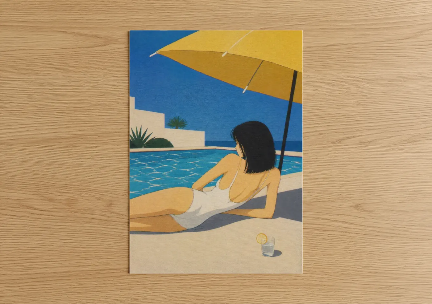 Swimming art print on warm oak wood — blue and yellow palette — Poolside Relaxation Modern Wall Art poster