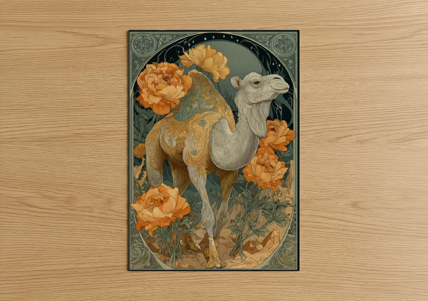 Golden Camel with Orange Peonies Wall Art