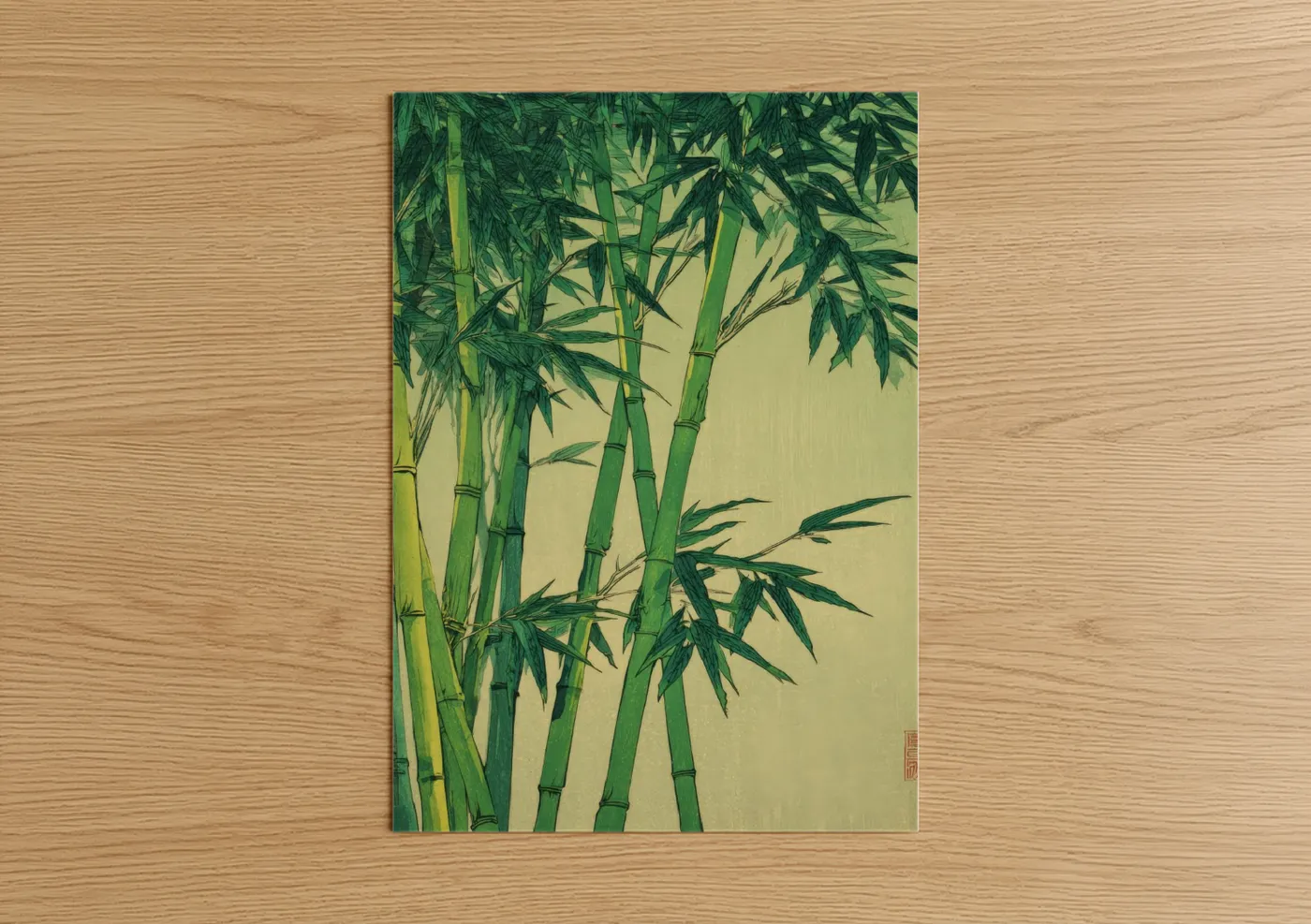 Art print on warm oak wood — light green and cream palette — Serene Bamboo Grove poster