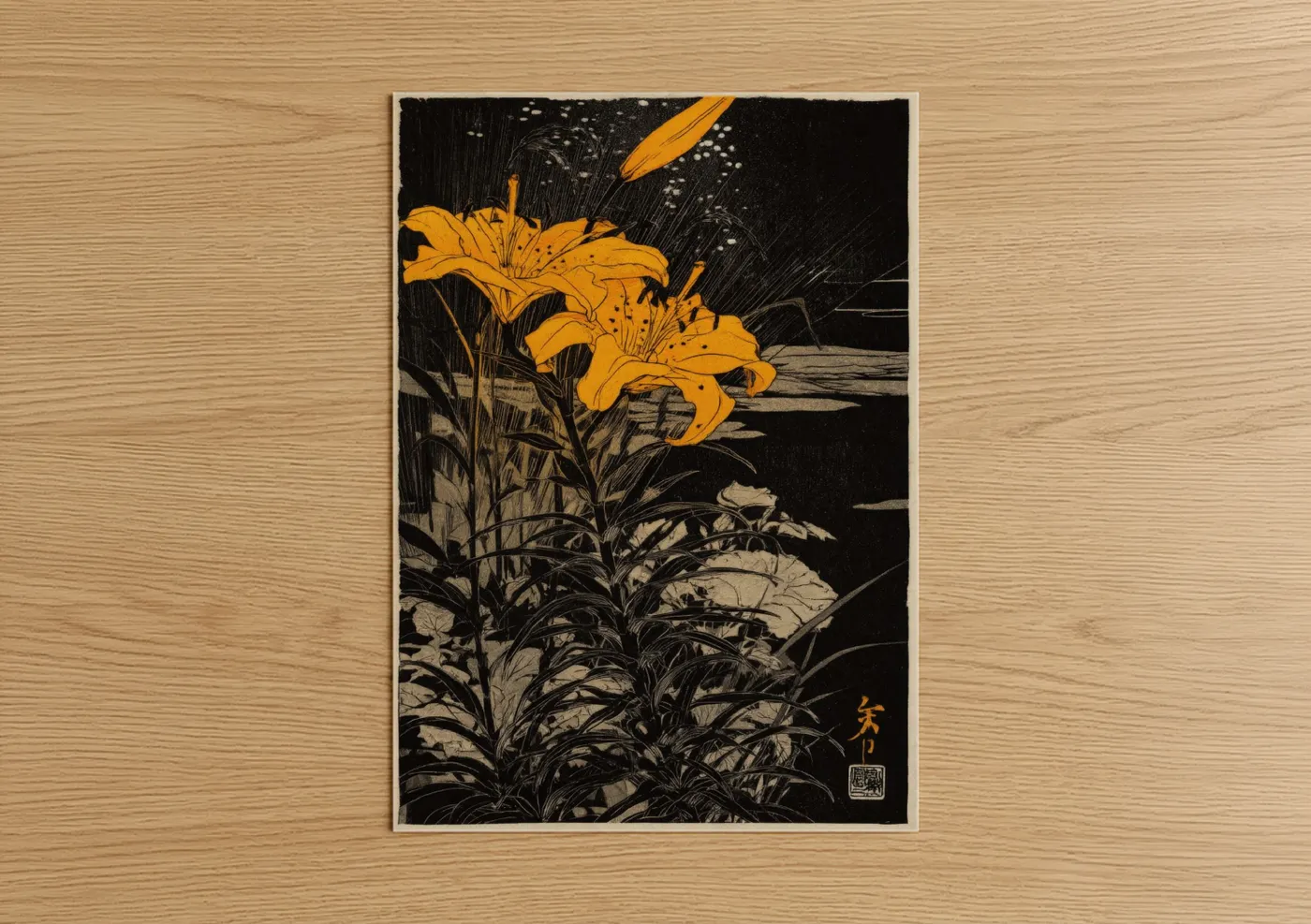 Golden Amarillys Night Woodblock Wall Art