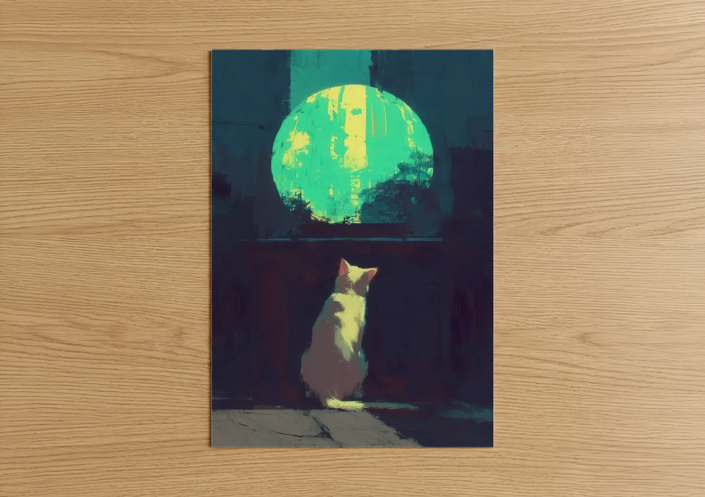Moonlit Cat Digital Art Illustration Wall Art