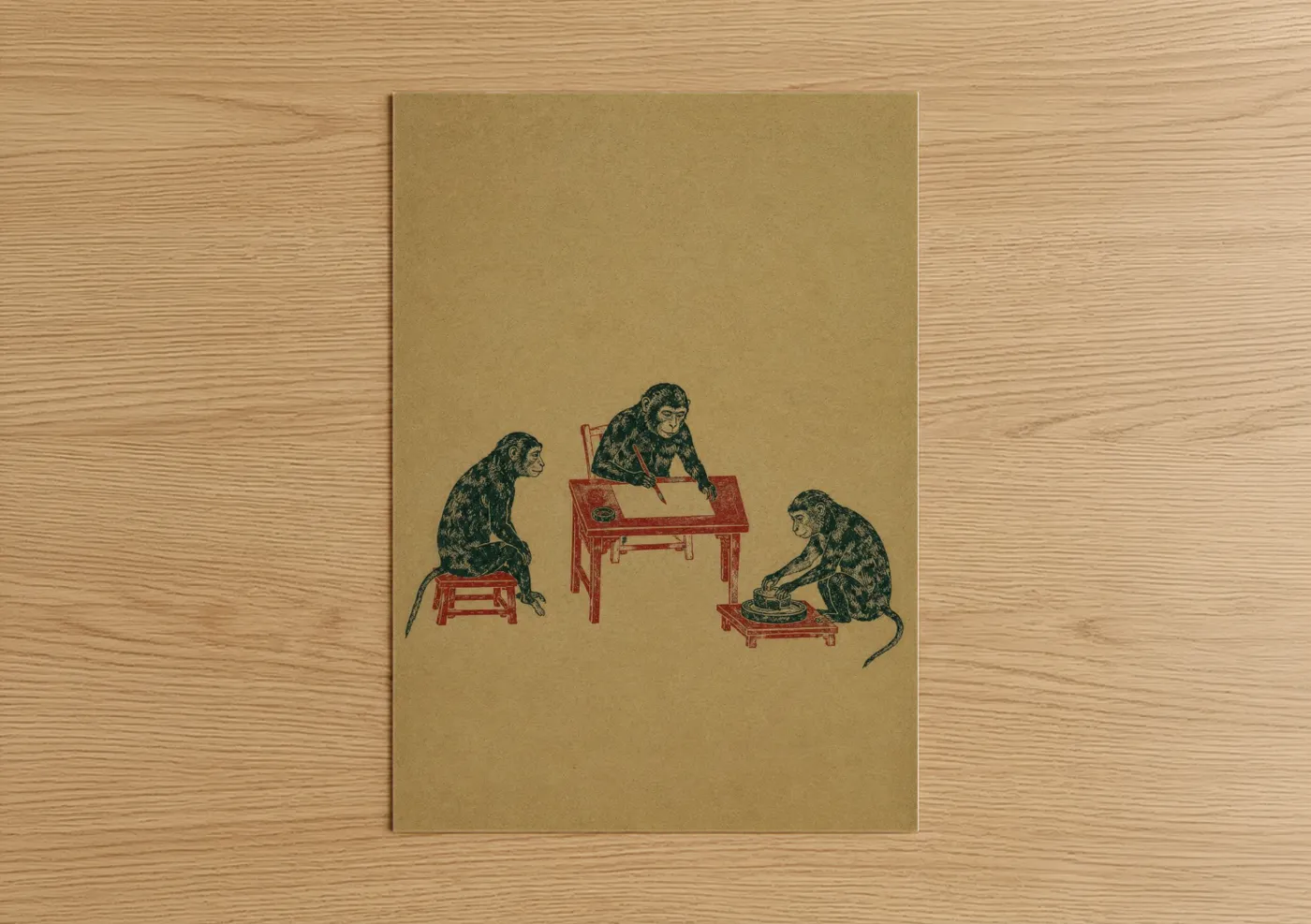 Art print on warm oak wood — beige and red palette — Vintage Monkeys Playing Music Wall Art poster