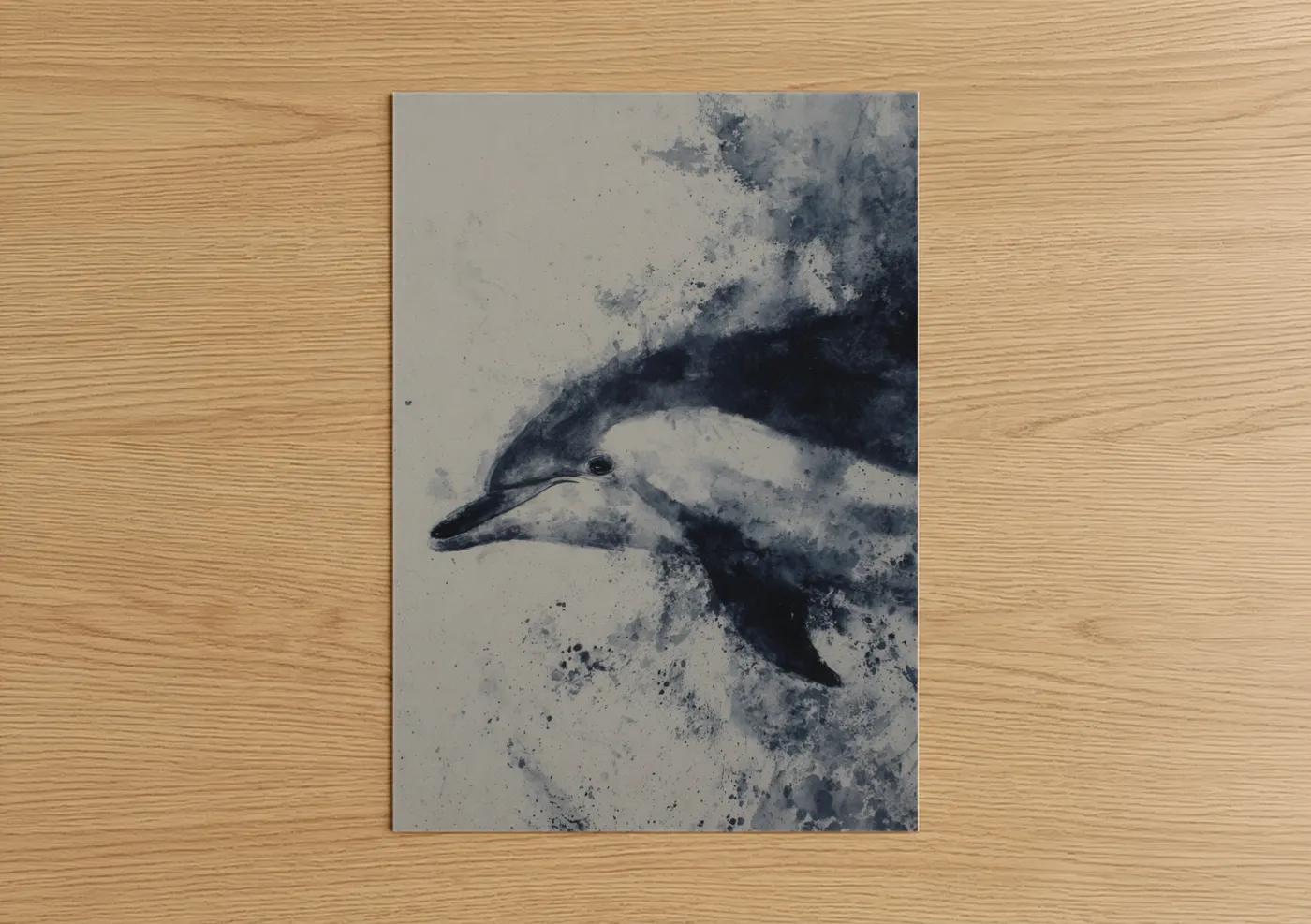 Dolphins art print on warm oak wood — blue and white and gray palette — Graceful Dolphin poster