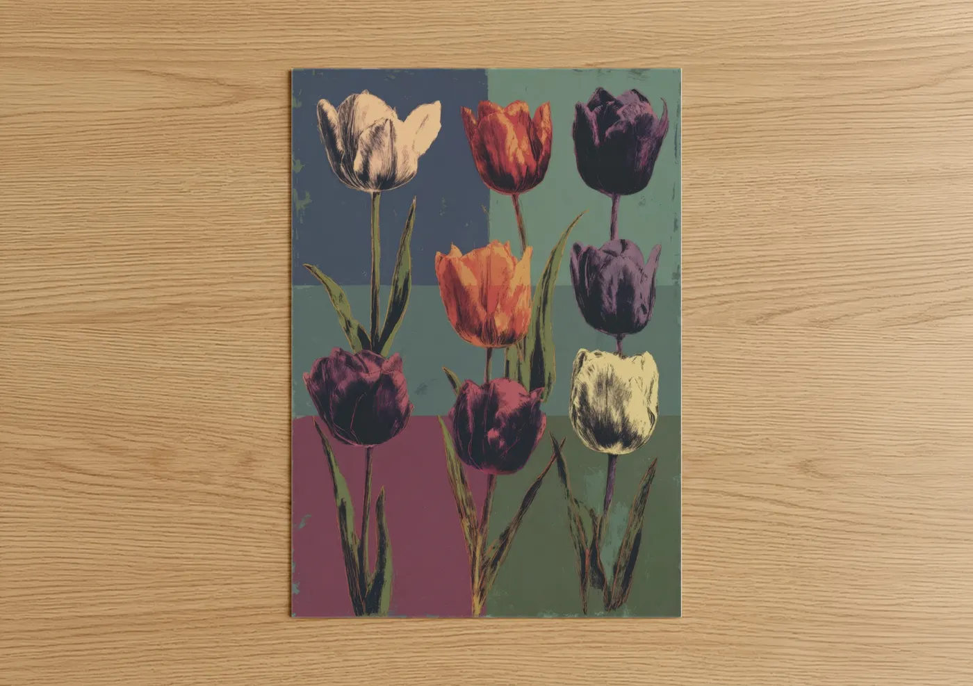 Art print on warm oak wood — purple and teal palette — Retro Tulip Garden poster