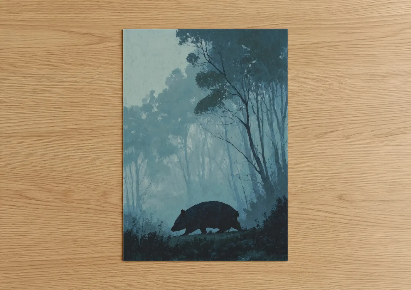 Art print on warm oak wood — dark blue and gray palette — Misty Wombat poster