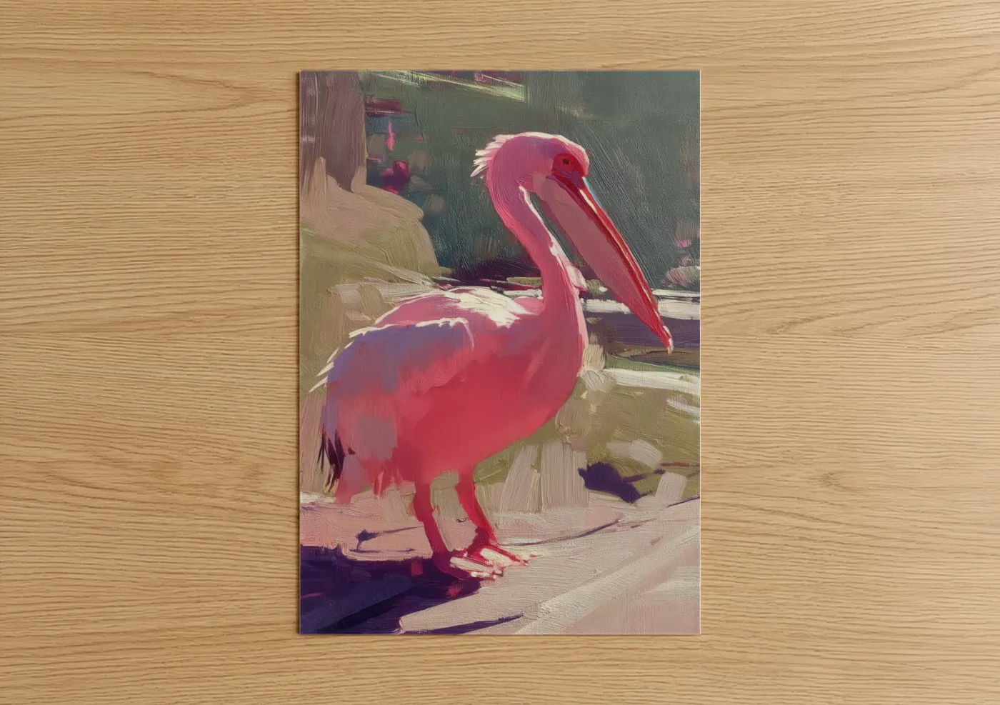 Art print on warm oak wood — magenta and sage green palette — Crimson Pelican poster