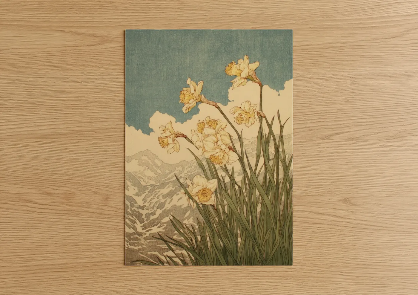 Art print on warm oak wood — cream and sage green palette — Golden Daffodils poster