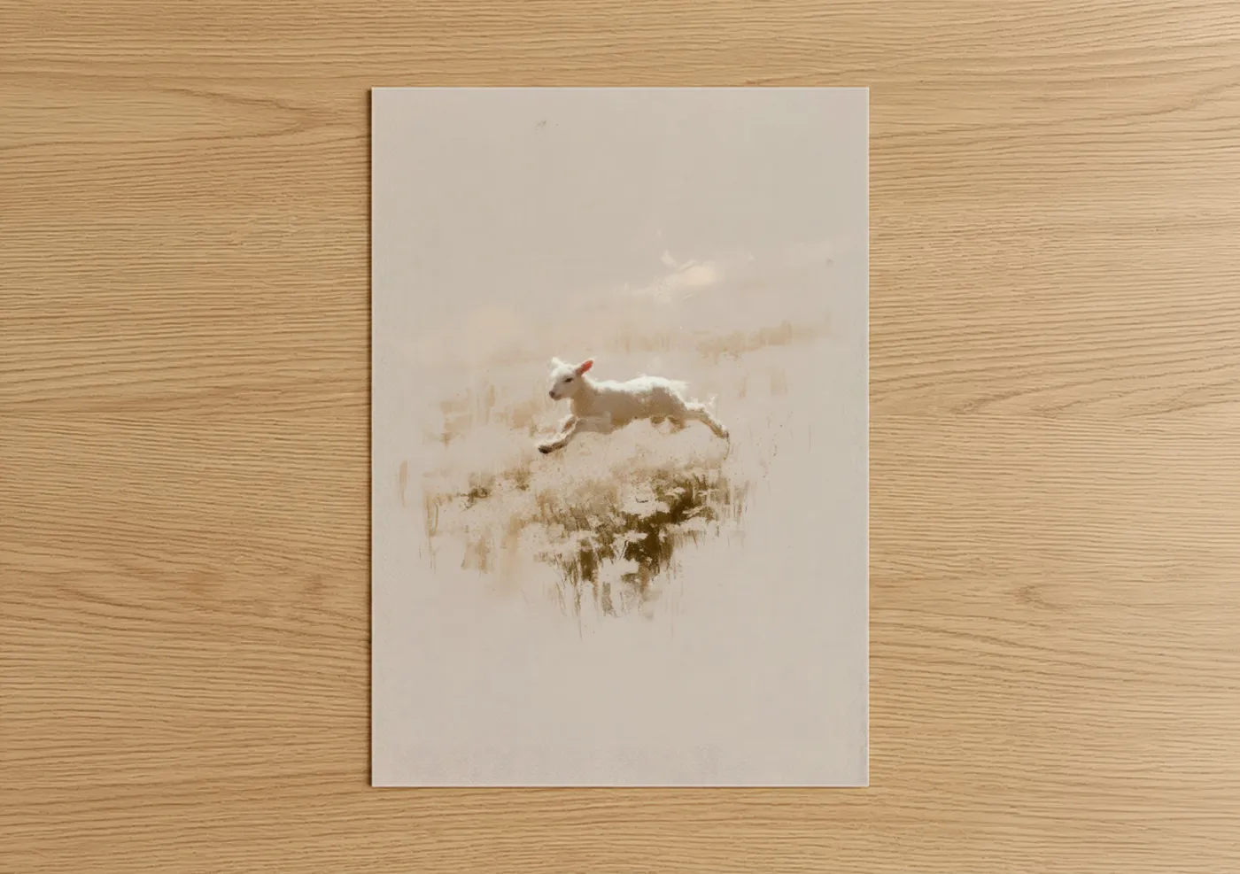 Art print on warm oak wood — cream and beige palette — Snowy Meadow Sheep poster