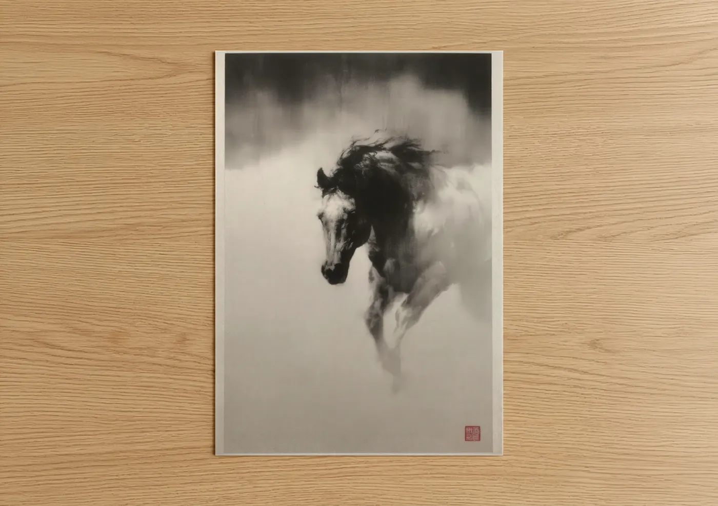 Art print on warm oak wood — black and white and gray palette — Misty Quarter Horse poster
