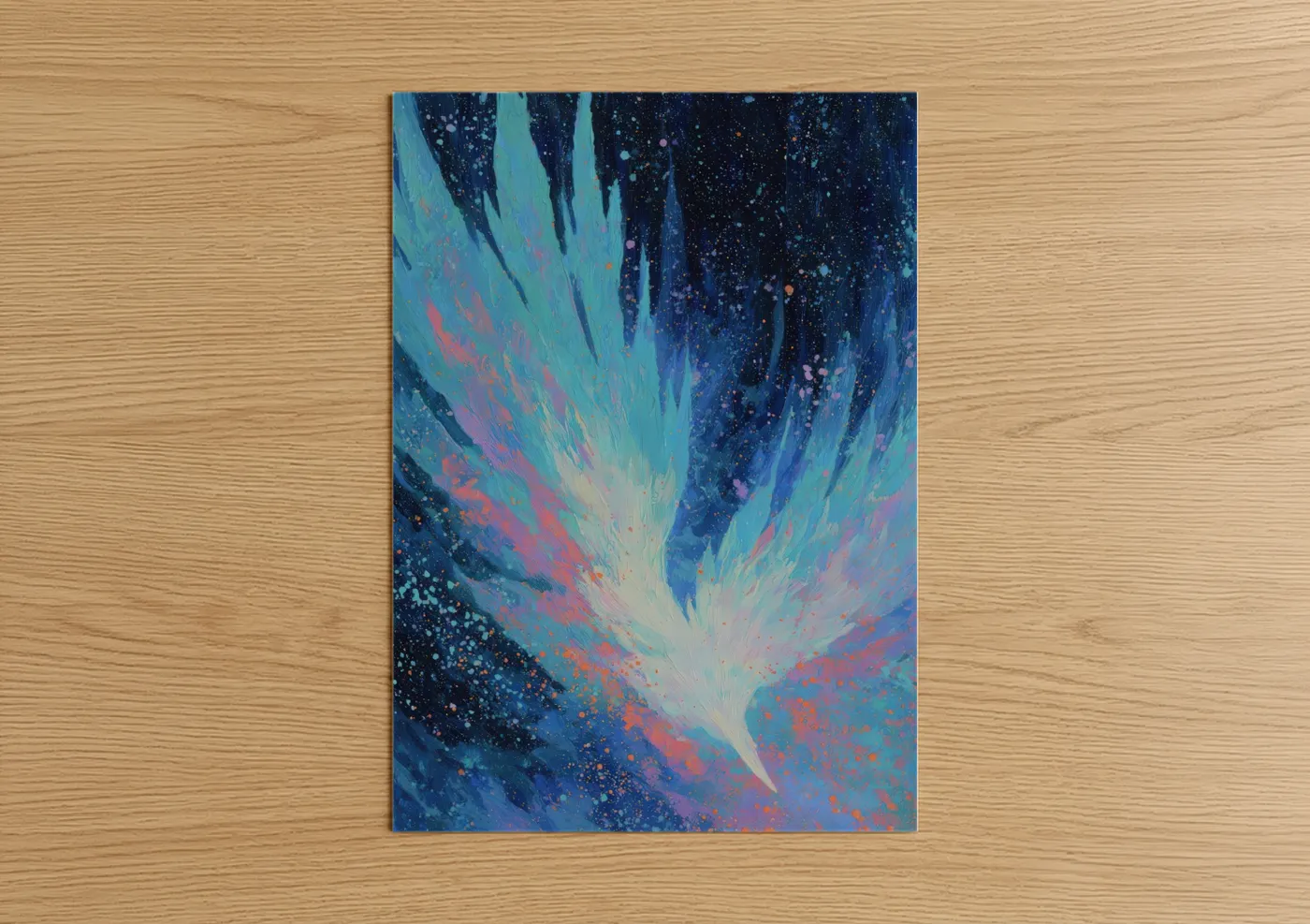 Astroids and comets art print on warm oak wood — blue and purple palette — Cosmic Aurora poster