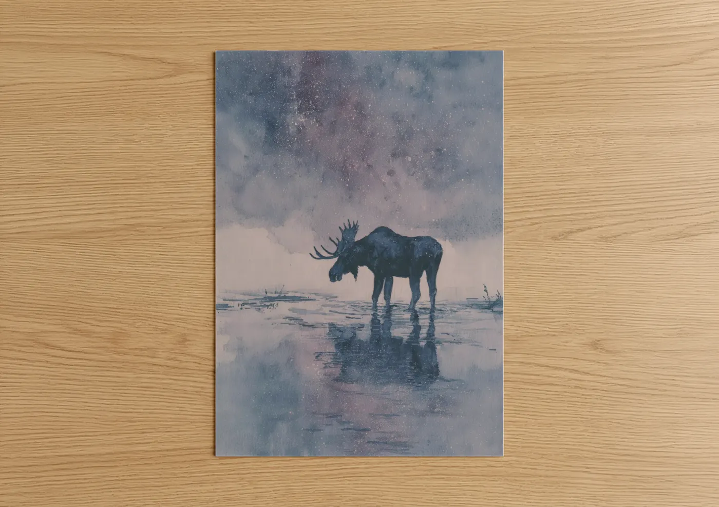 Art print on warm oak wood — lavender and blue and gray palette — Twilight Moose poster