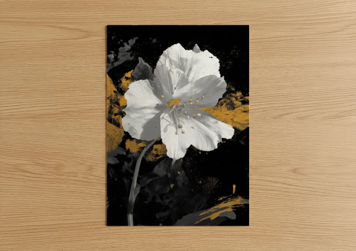 Abstract flower art print on warm oak wood — white and black and gold palette — Luminous Bloom poster