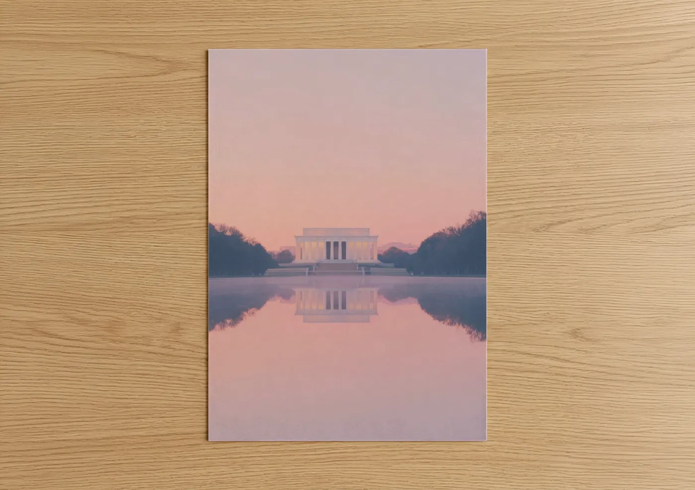 Lincoln memorial art print on warm oak wood — peach and lavender palette — Dawn Memorial Reflection poster