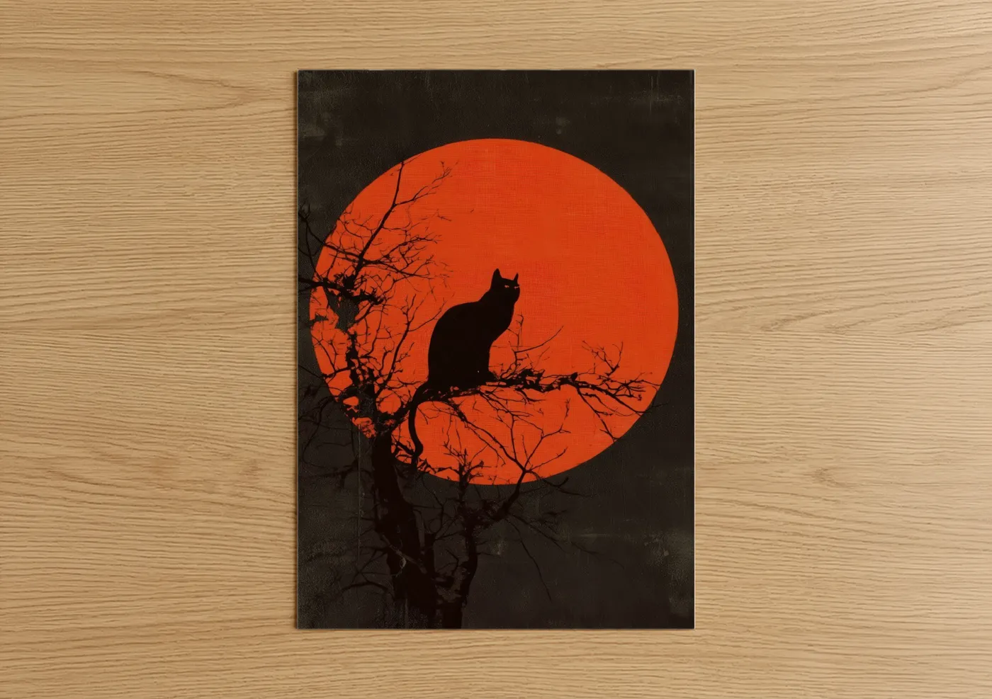Black Cat Silhouette Red Moon Wall Art