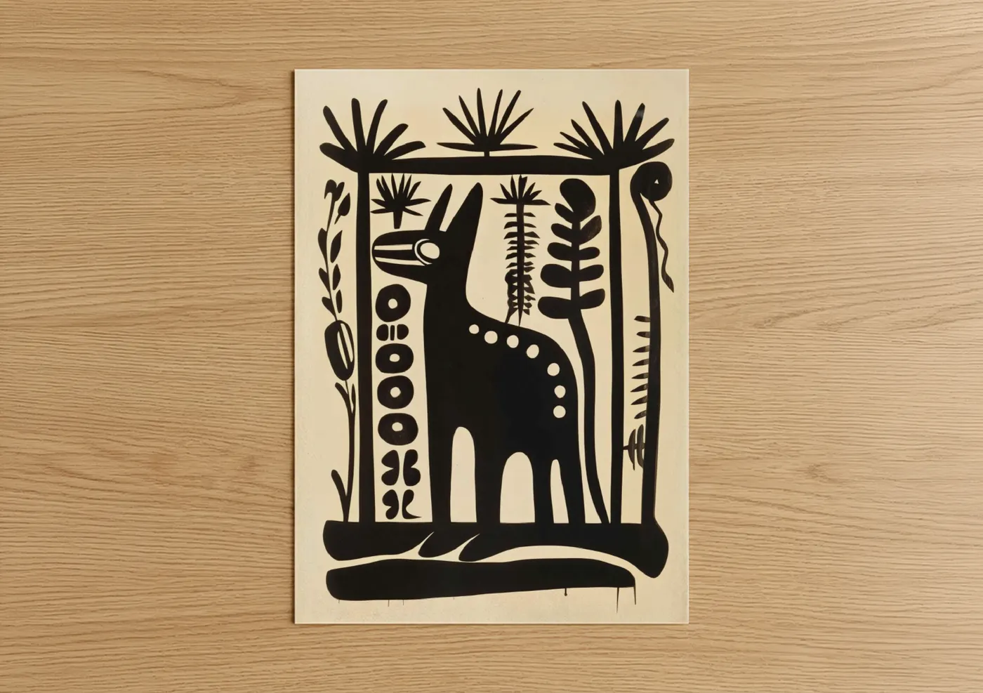Abstract traditional art print on warm oak wood — black and cream palette — Geometric Llama poster