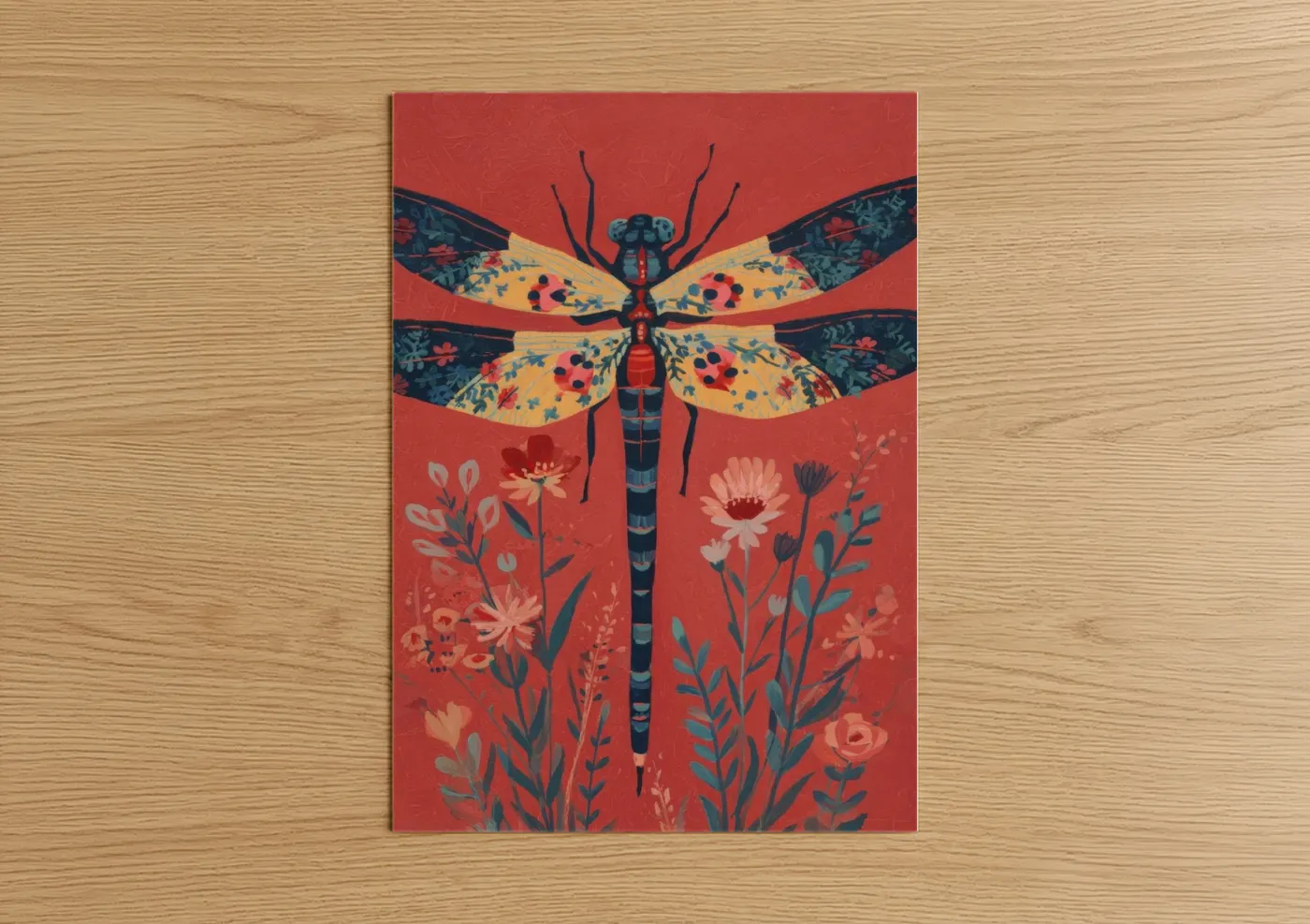 Vermillion Dragonfly Floral Illustration Wall Art