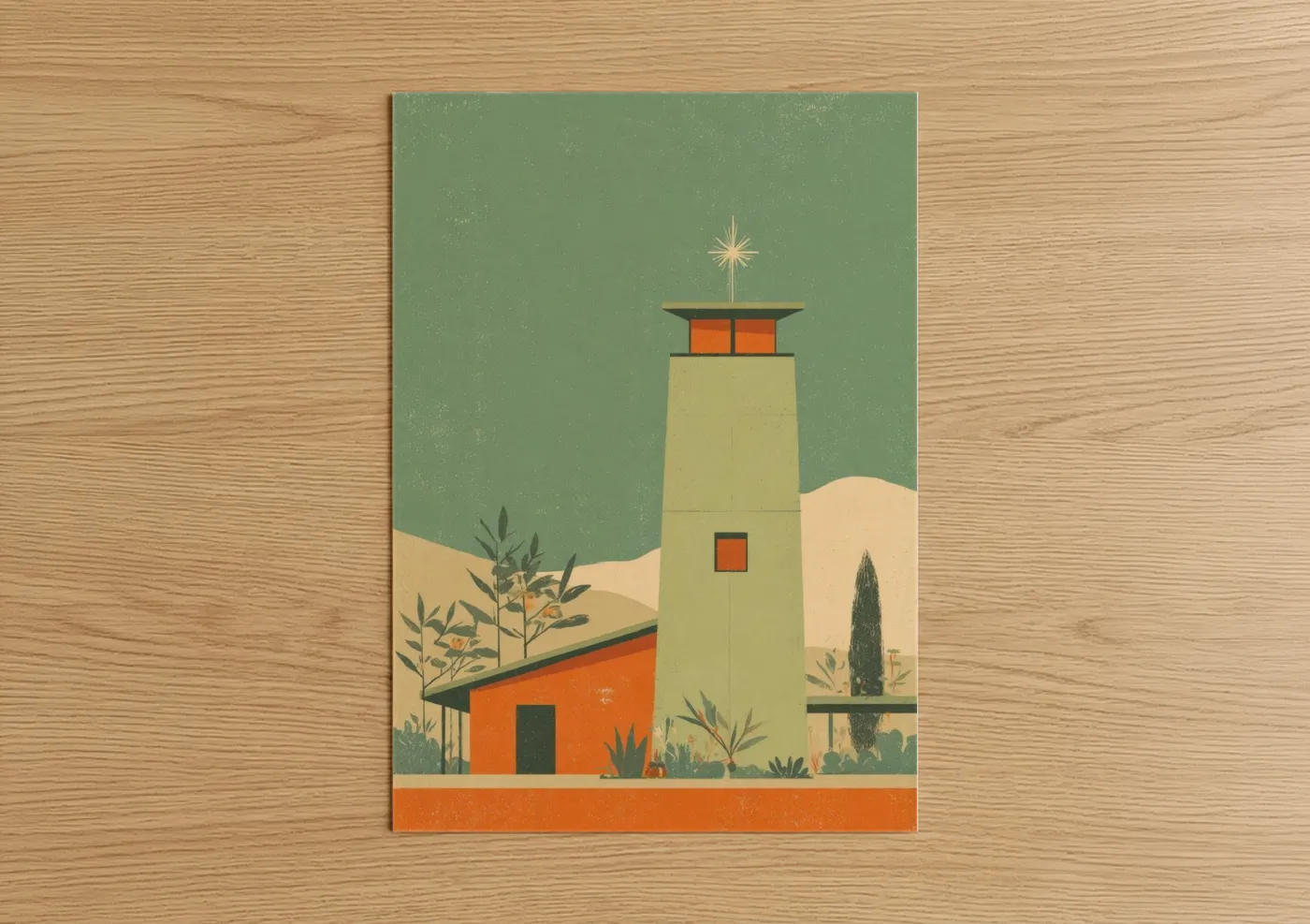 Towers art print on warm oak wood — sage green and orange palette — Desert Lighthouse poster