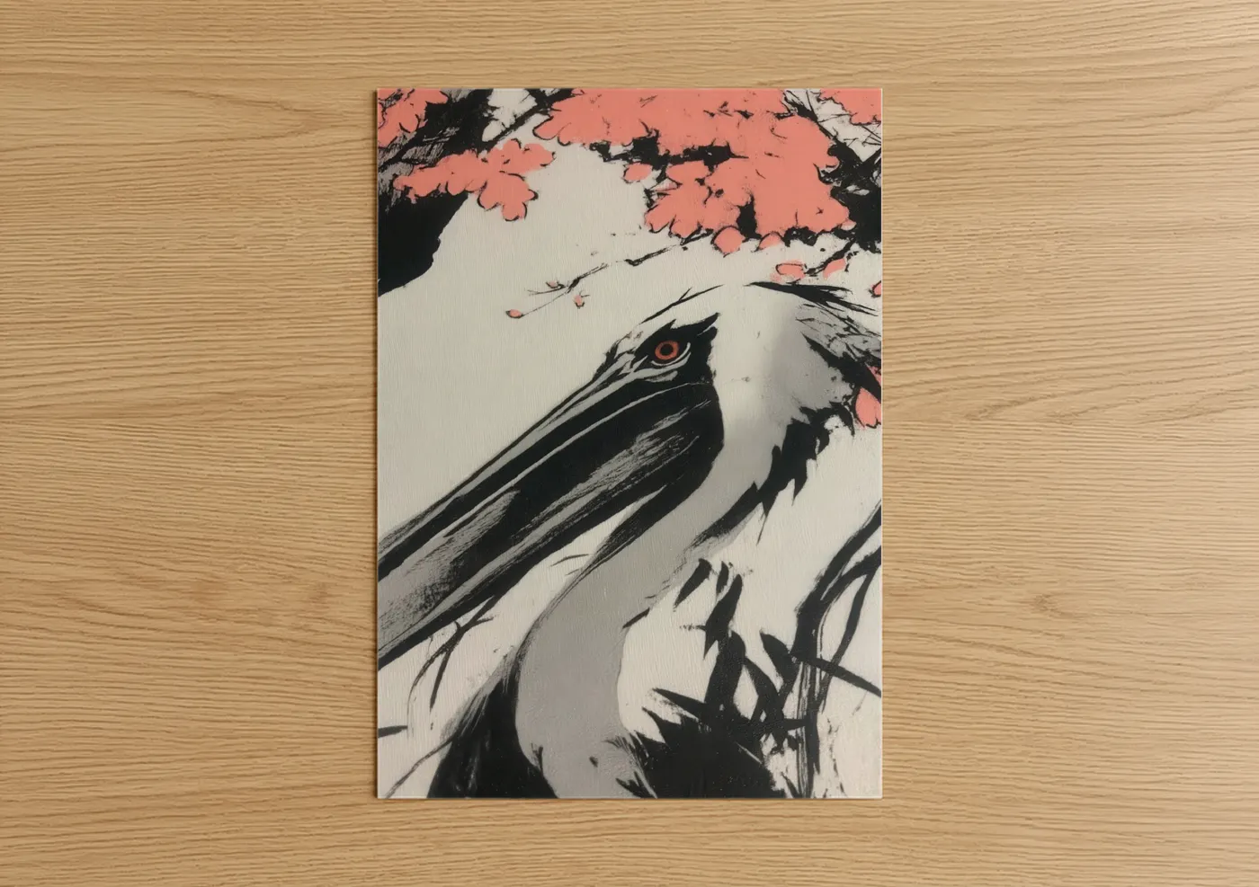 Art print on warm oak wood — black and white and salmon pink palette — Coral Pelican poster