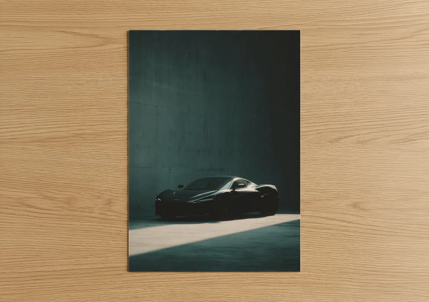 Classic car art print on warm oak wood — black and white and dove gray palette — Sleek Black Coupe poster