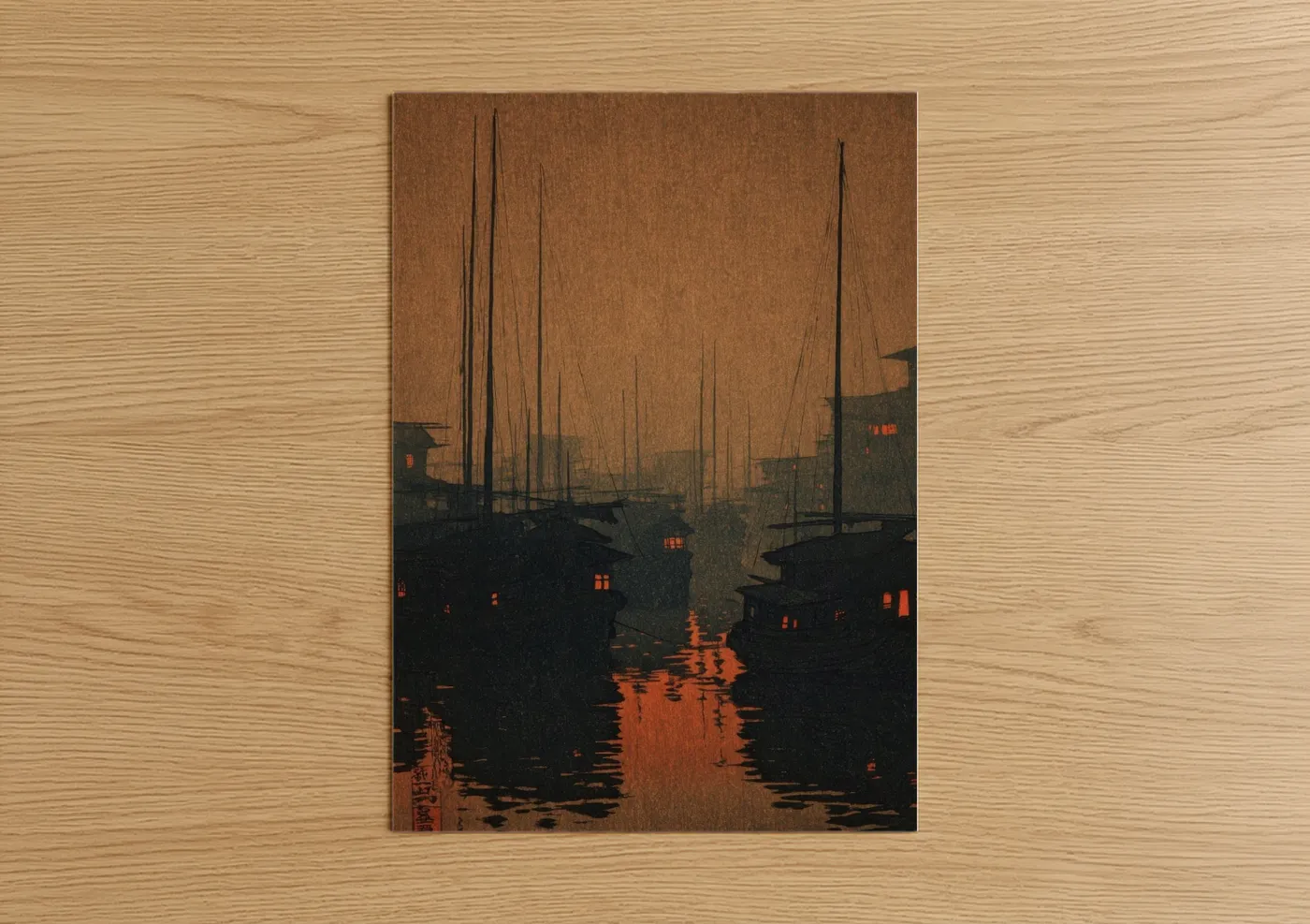 Docks and piers art print on warm oak wood — orange and black palette — Crimson Harbor Dusk poster