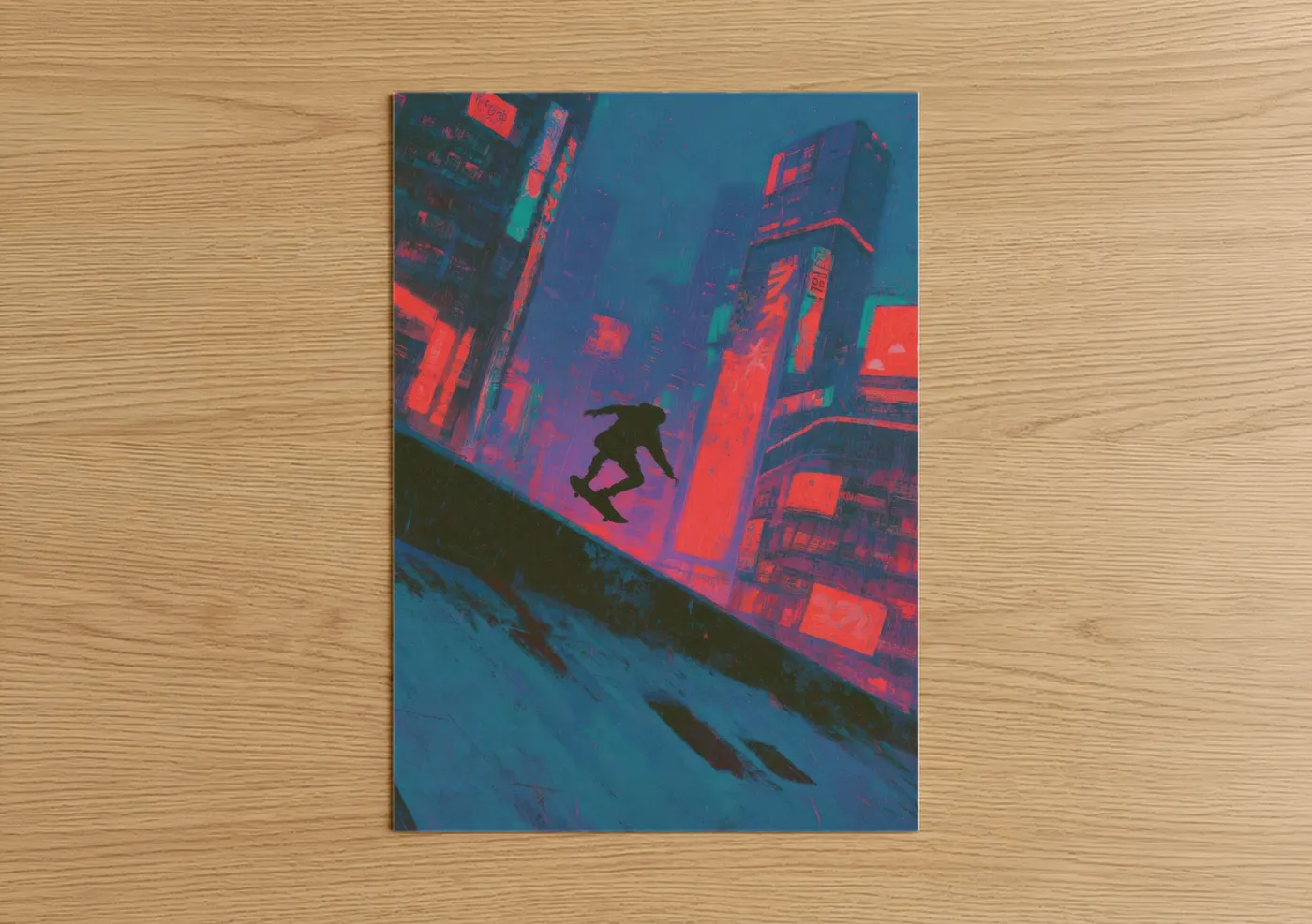 Skateboarding art print on warm oak wood — magenta and blue palette — Neon Skateboarder poster