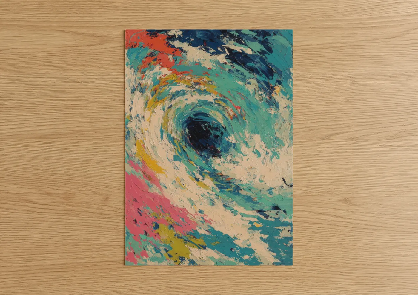 Art print on warm oak wood — teal and red palette — Swirling Tuna poster