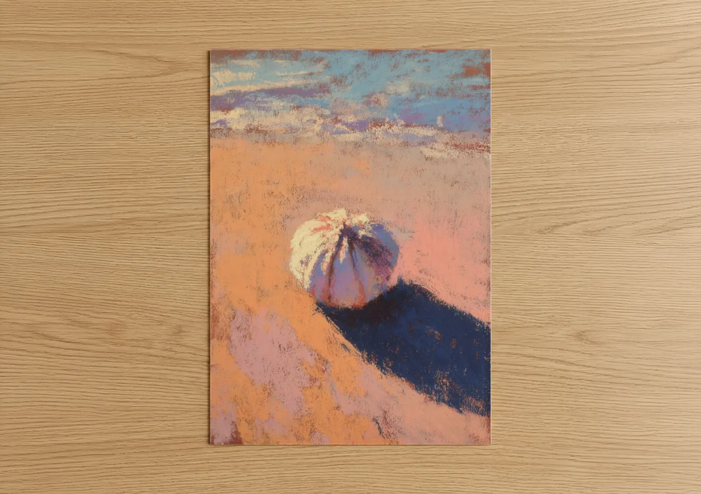 Sea urchin art print on warm oak wood — peach and blue palette — Sandy Urchin poster
