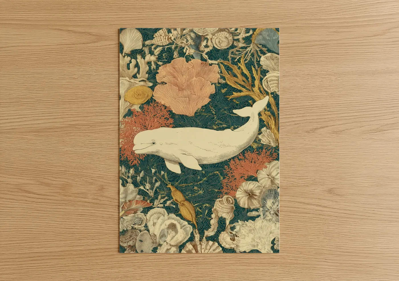 Beluga whale art print on warm oak wood — teal and cream palette — Beluga Garden poster