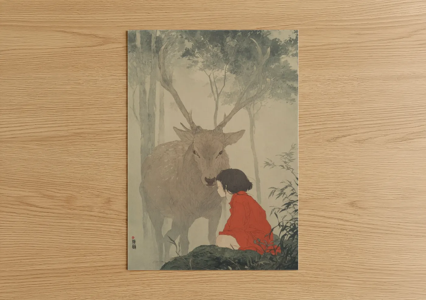 Child with Deer Forest Illustration Wall Art