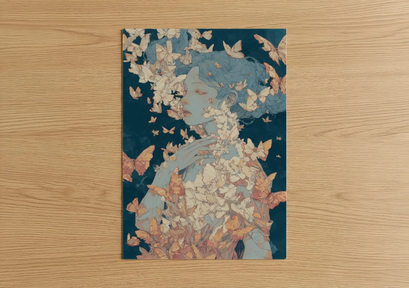 Art print on warm oak wood — teal and peach palette — Butterfly Ghost poster