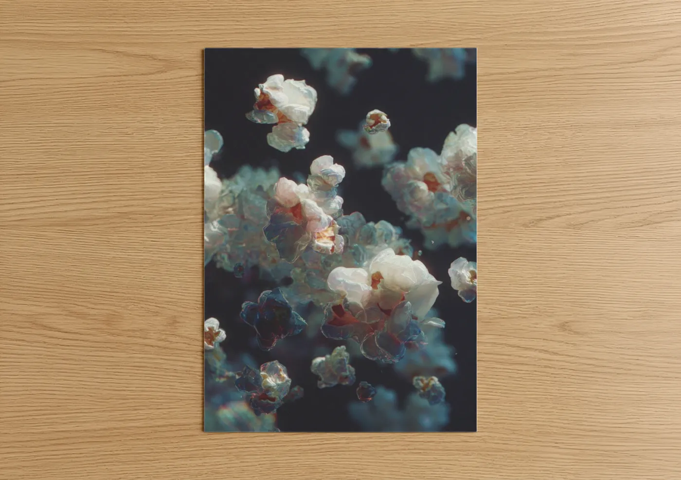 Art print on warm oak wood — white and teal palette — Crystalline Popcorn poster
