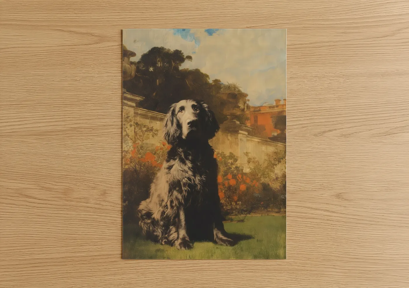 Art print on warm oak wood — gold and cream palette — Noble Spaniel poster